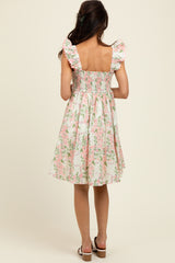 Pink Floral Print Smocked Back Dress