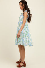 Blue Floral Print Smocked Back Dress