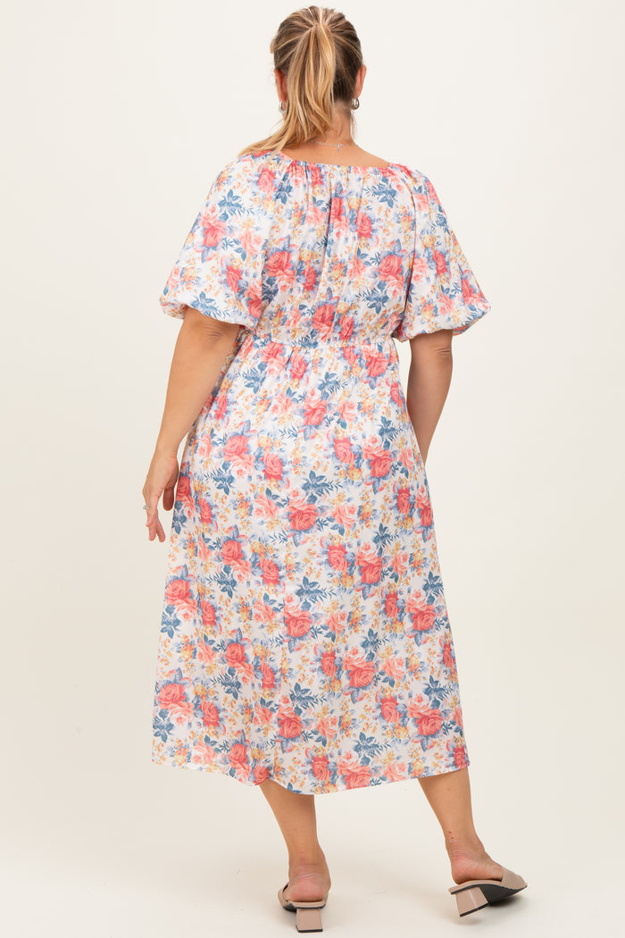 Ivory Multi Floral Print Smocked Ruched Bust Plus Maternity Midi Dress