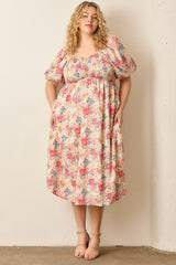 Ivory Multi Floral Print Smocked Ruched Bust Plus Midi Dress