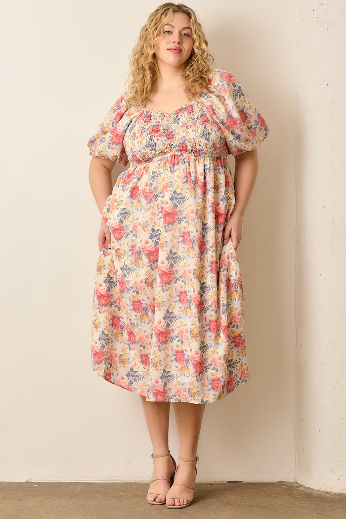Ivory Multi Floral Print Smocked Ruched Bust Plus Midi Dress
