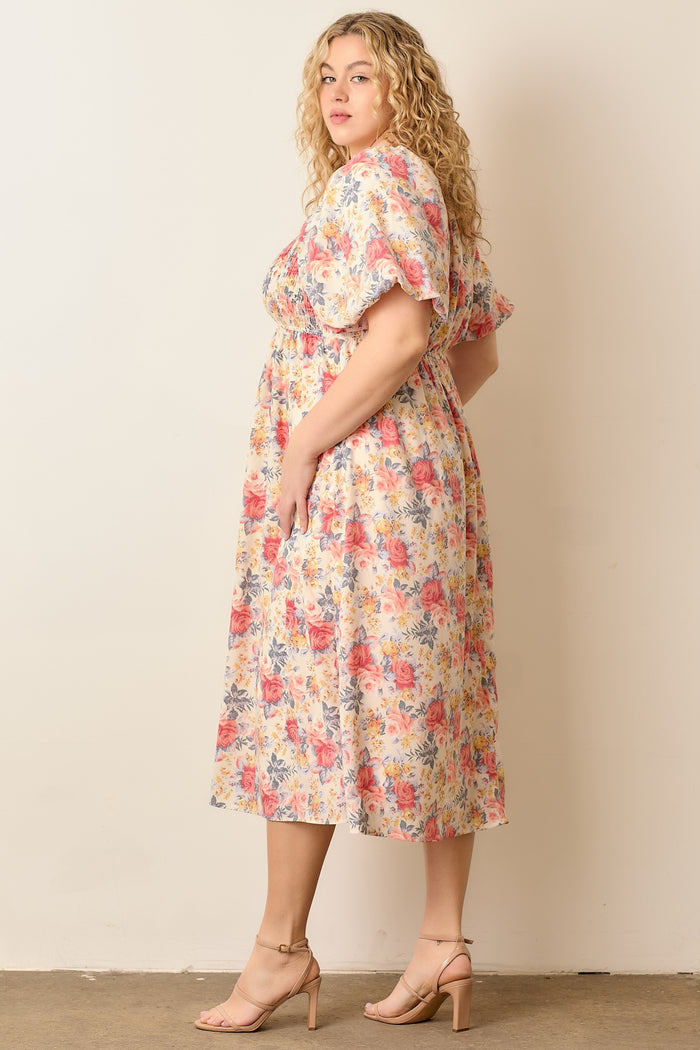 Ivory Multi Floral Print Smocked Ruched Bust Plus Midi Dress