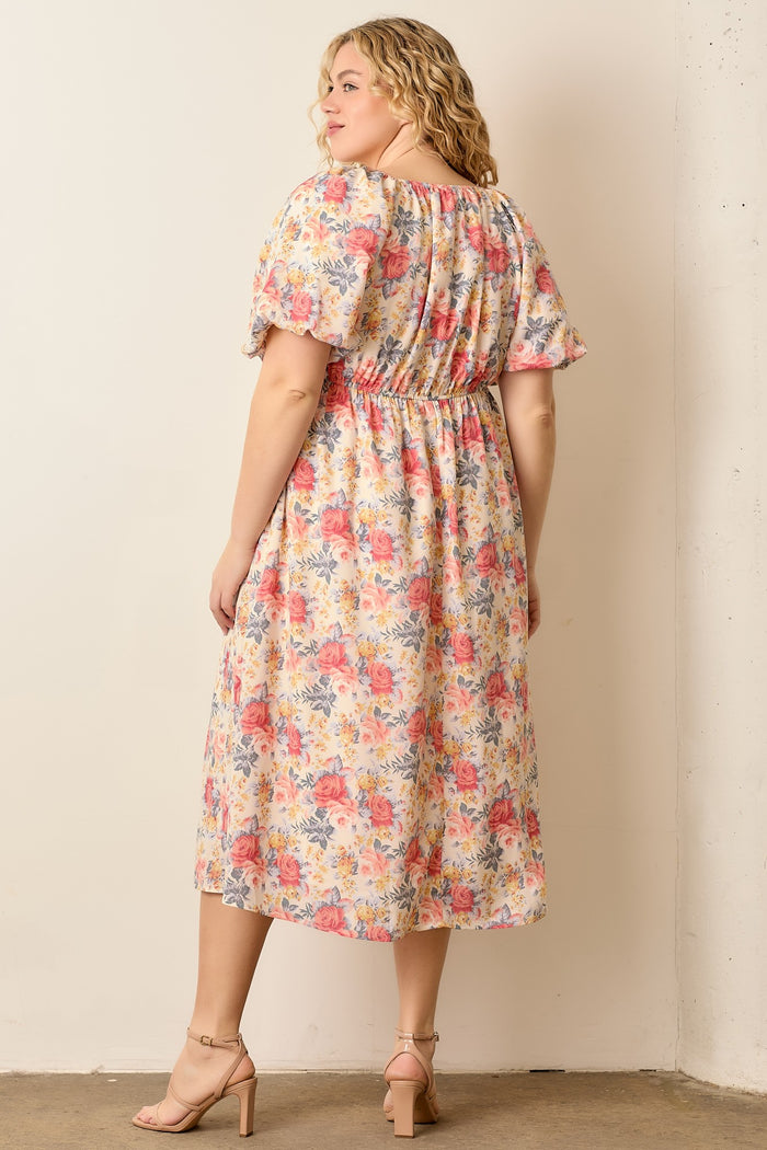 Ivory Multi Floral Print Smocked Ruched Bust Plus Midi Dress