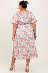 Ivory Multi Floral Print Smocked Ruched Bust Plus Midi Dress