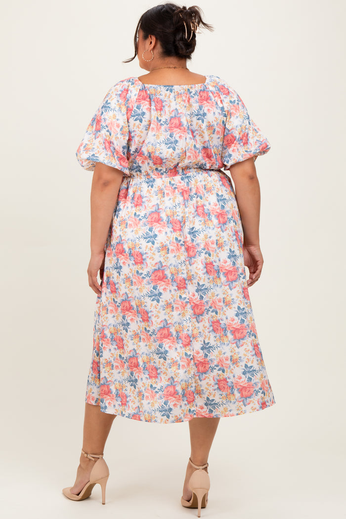 Ivory Multi Floral Print Smocked Ruched Bust Plus Midi Dress