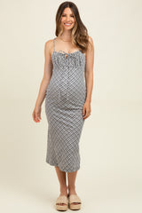 Black Textured Plaid Drawstring Neck Maternity Midi Dress