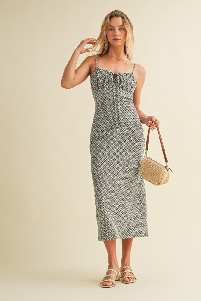 Black Textured Plaid Drawstring Neck Midi Dress