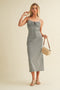 Black Textured Plaid Drawstring Neck Midi Dress