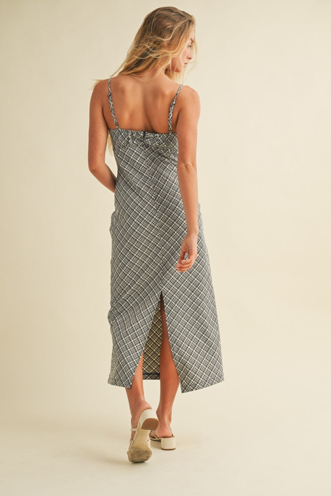 Black Textured Plaid Drawstring Neck Midi Dress