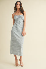 Blue Textured Plaid Drawstring Neck Midi Dress