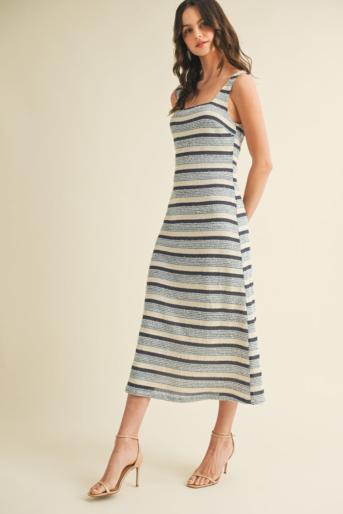 Denim Multi Square Neck Striped Sleeveless Dress