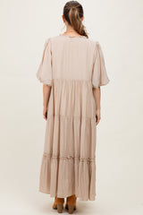 Beige Puff Short Sleeve Crepe Tiered Maternity Maxi Dress