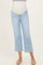 woman wearing light blue maternity wide-leg jeans with a stretchy waistband and beige ballet flats