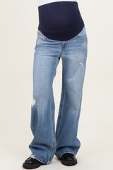 maternity wear blue wide leg jeans with distressed details and a high waistband designed for support