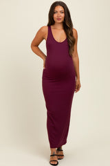 Wine Scoop Neck Sleeveless Rayon Rib Maternity Maxi Knit Dress