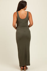 Olive Scoop Neck Sleeveless Rayon Rib Maternity Maxi Knit Dress