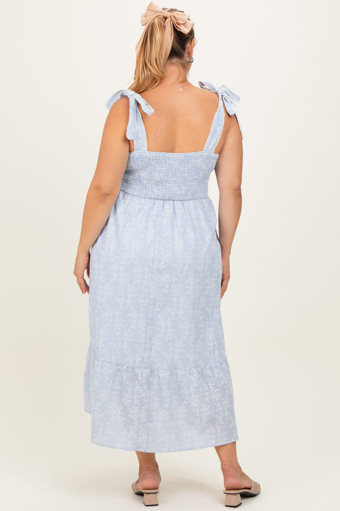 Blue/Ivory Plus Size Textured Floral Maternity Maxi Dress