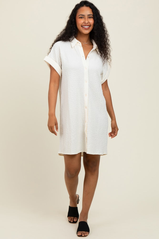 Ivory Textured Short Sleeve Button Down Shirt Dress