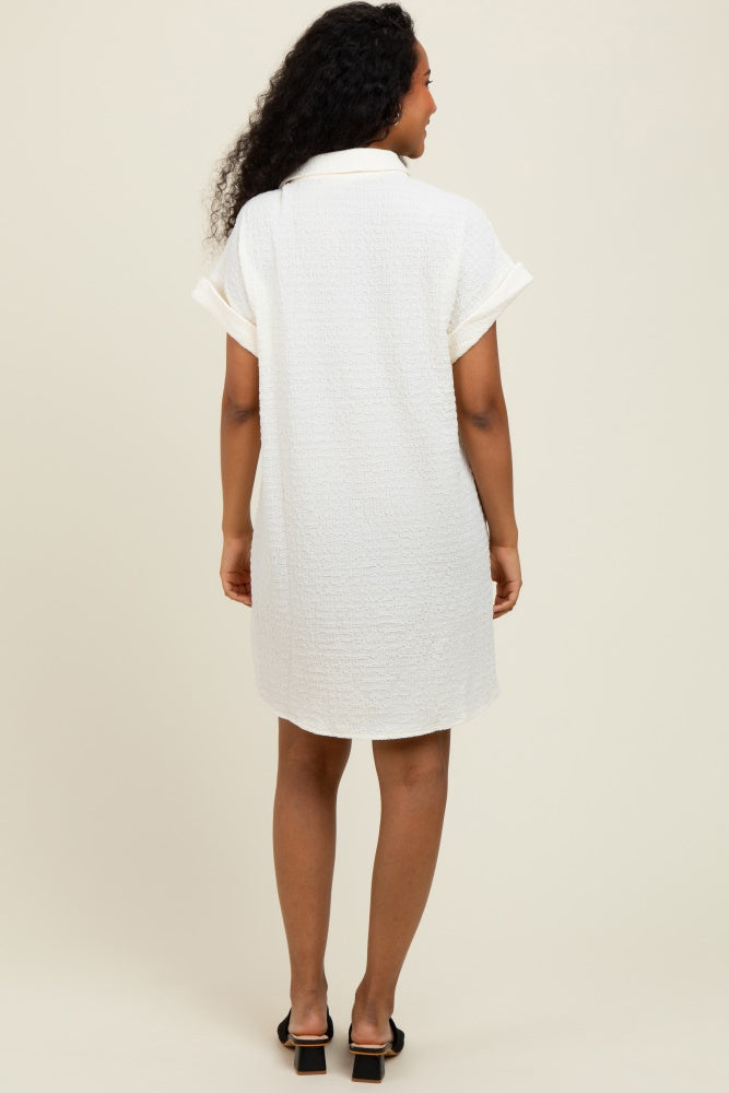 Ivory Textured Short Sleeve Button Down Shirt Dress