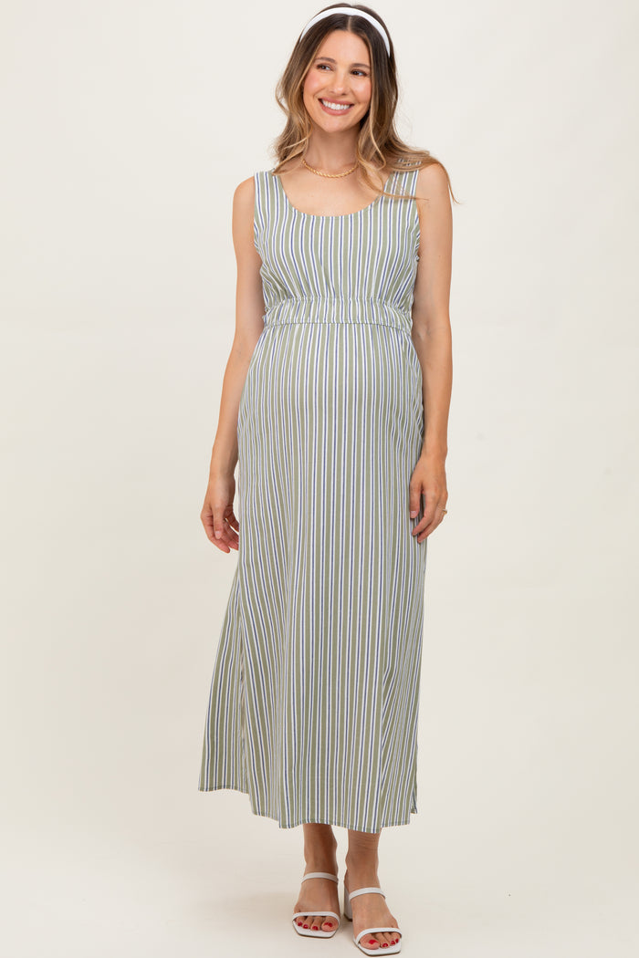 Olive-White Stripe Side Slit Maternity Maxi Dress