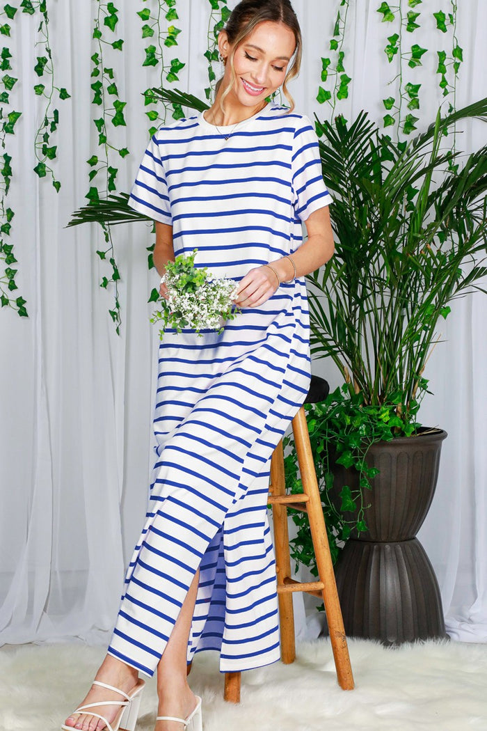 Blue Striped Side Slit Maternity Maxi Dress
