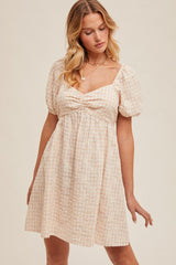Beige Embroidered Gingham Sweetheart Neck Maternity Mini Dress