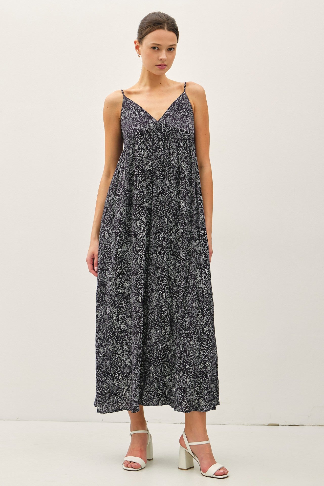Navy Paisley Print Sleeveless Side Slit Maxi Dress
