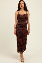 Brown Rose Print Mesh Overlay Ruched Midi Dress