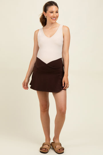 Brown Crossover V-Waist Maternity Skort