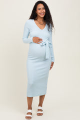 Light Blue Solid Brushed Rib Long Sleeve V-Neck Fitted Maternity Midi Dress