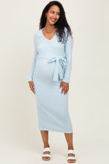 Light Blue Solid Brushed Rib Long Sleeve V-Neck Fitted Maternity Midi Dress