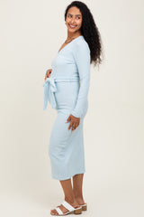 Light Blue Solid Brushed Rib Long Sleeve V-Neck Fitted Maternity Midi Dress