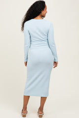 Light Blue Solid Brushed Rib Long Sleeve V-Neck Fitted Maternity Midi Dress