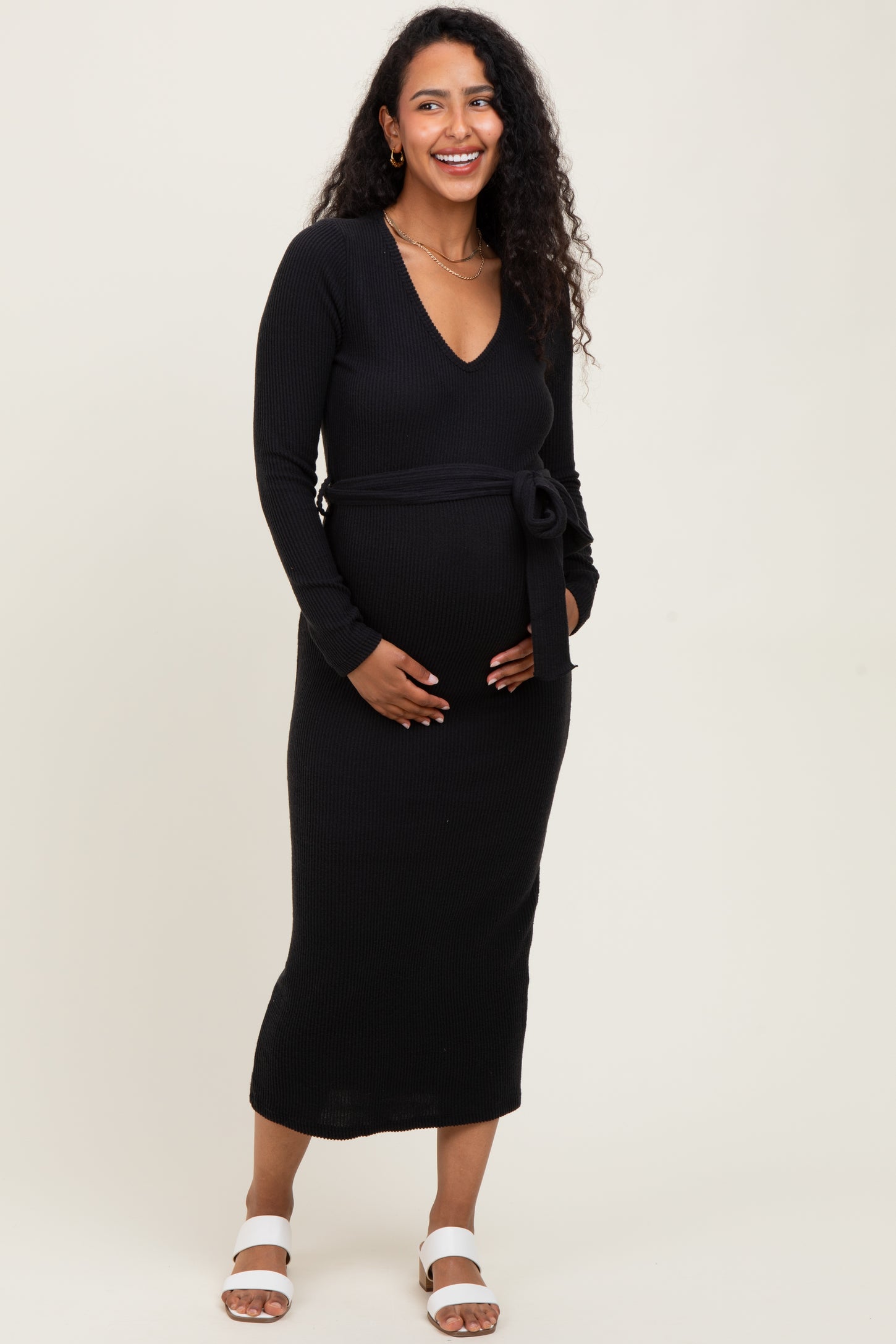 Black Solid Brushed Rib Long Sleeve V-Neck Fitted Maternity Midi Dress