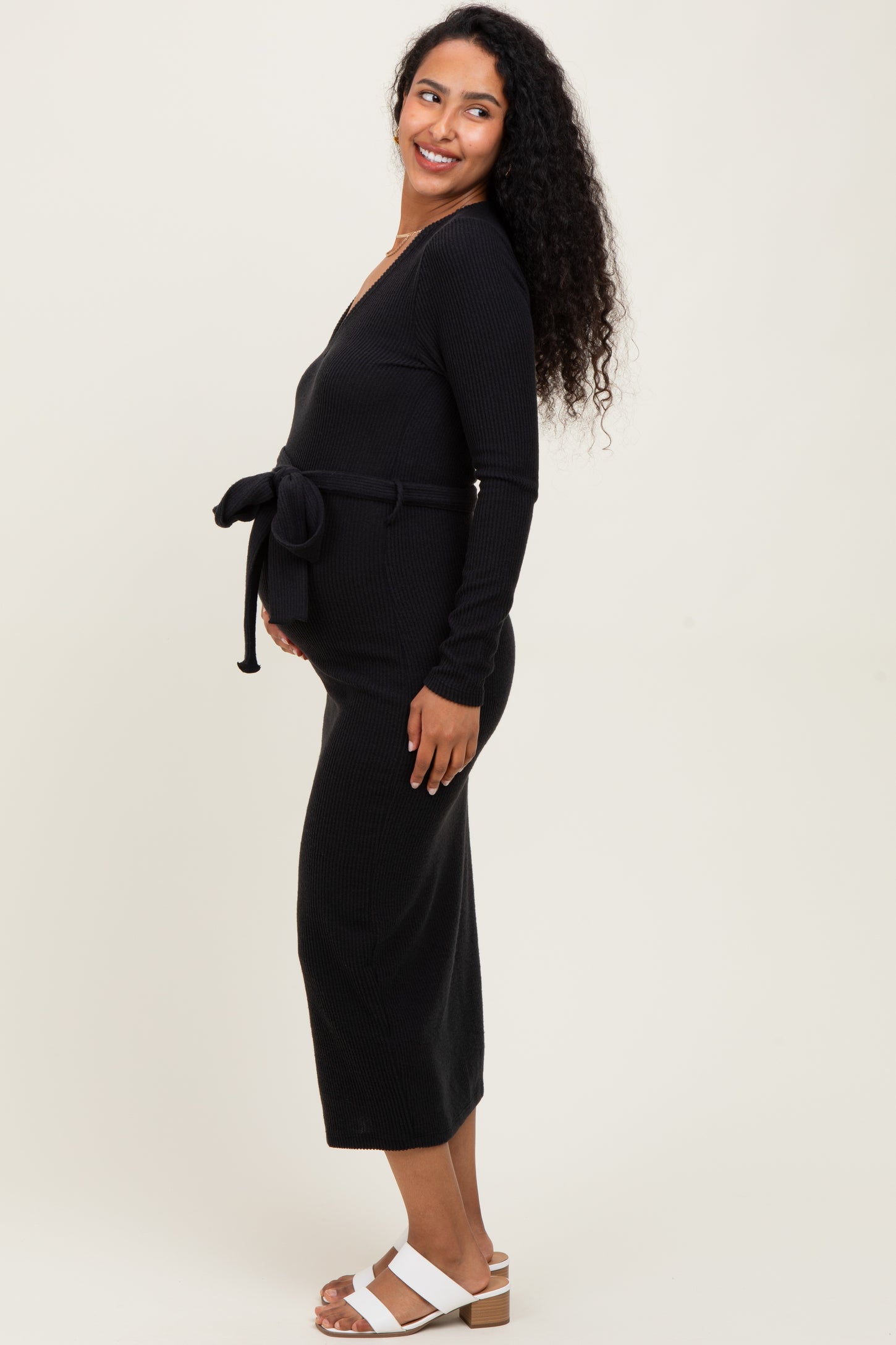 Black Solid Brushed Rib Long Sleeve V-Neck Fitted Maternity Midi Dress
