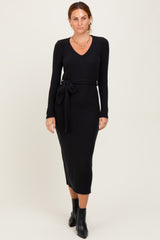 Black Solid Brushed Rib Long Sleeve V-Neck Fitted Midi Dress