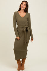 Light Olive Solid Brushed Rib Long Sleeve V-Neck Fitted Maternity Midi Dress