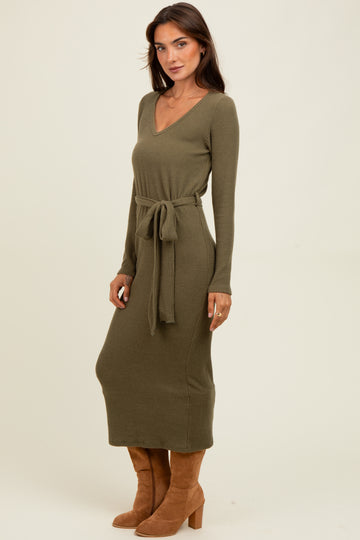 Light Olive Solid Brushed Rib Ling Sleeve V-Neck Fitted Midi Dress