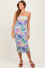 Lavender Printed Ruched Crisscross Back Midi Dress