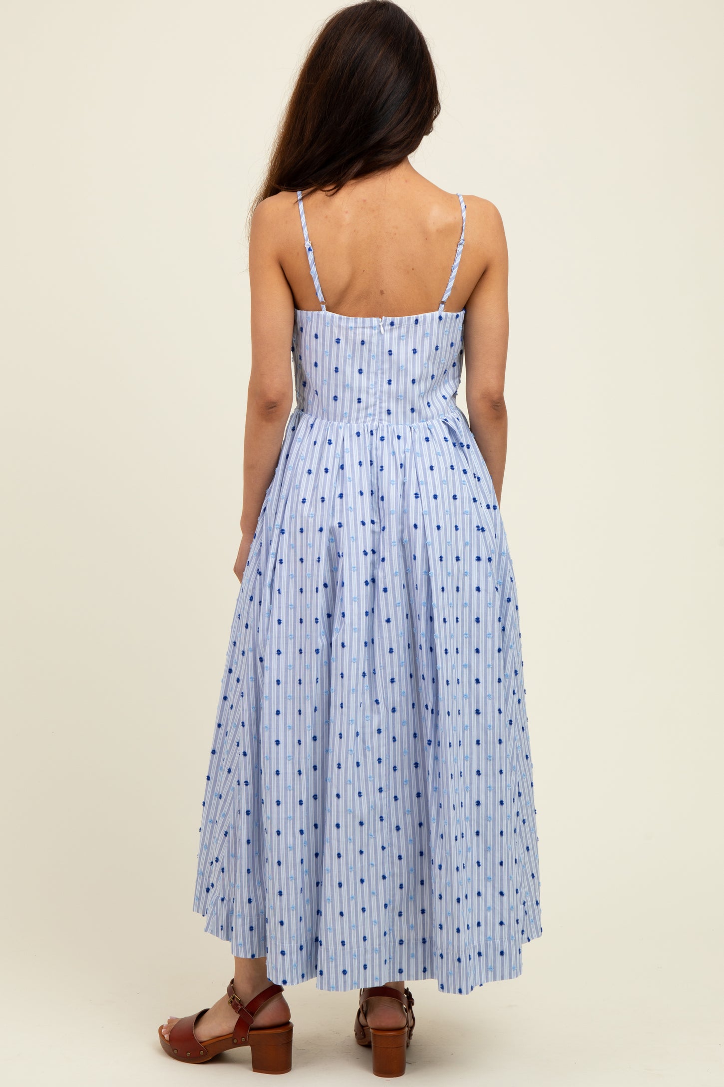 Blue Striped Swiss Dot Sleeveless Midi Dress