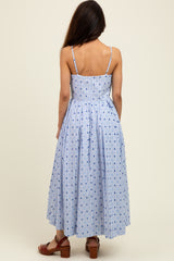 Blue Striped Swiss Dot Sleeveless Midi Dress