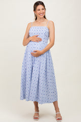 Blue Striped Swiss Dot Sleeveless Maternity Midi Dress