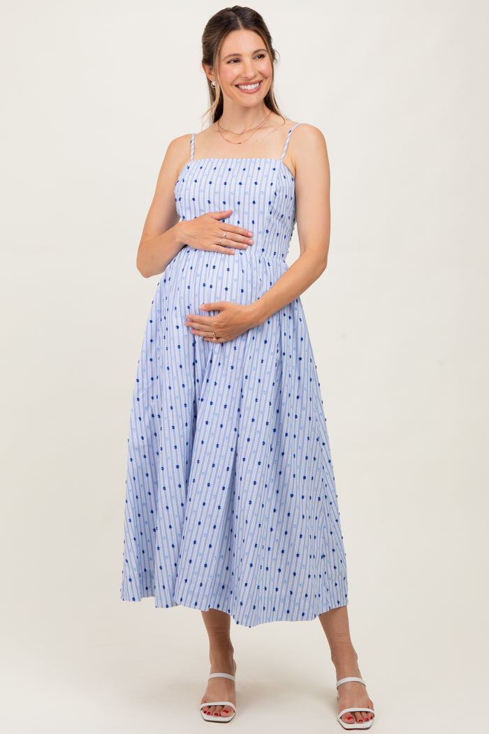 Blue Striped Swiss Dot Sleeveless Maternity Midi Dress