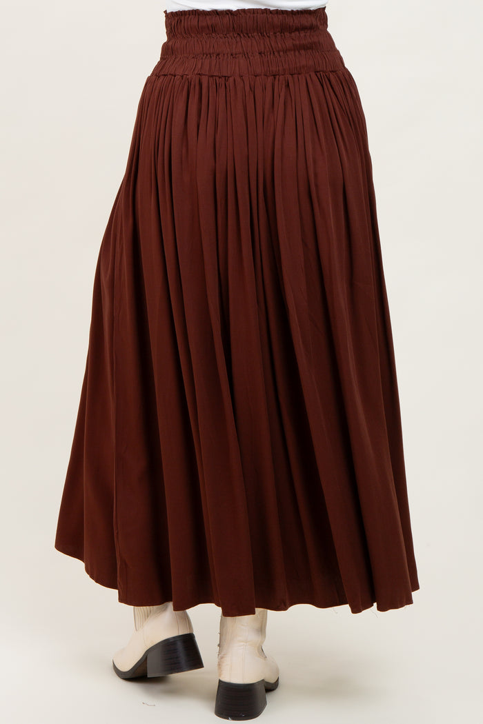 Brown Smocked Waistband Pleated Maxi Skirt