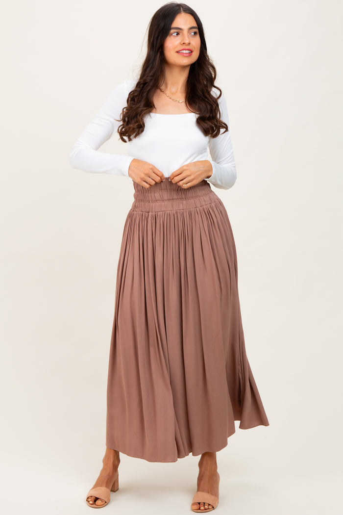 Mocha Smocked Waistband Pleated Maxi Skirt