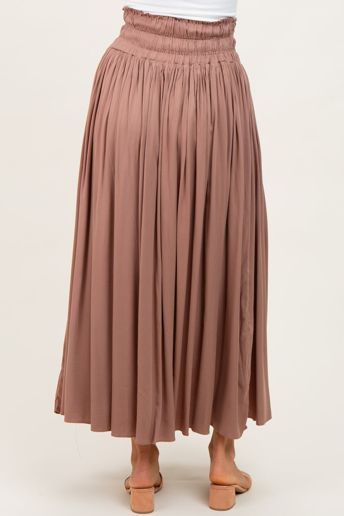 Mocha Smocked Waistband Pleated Maxi Skirt