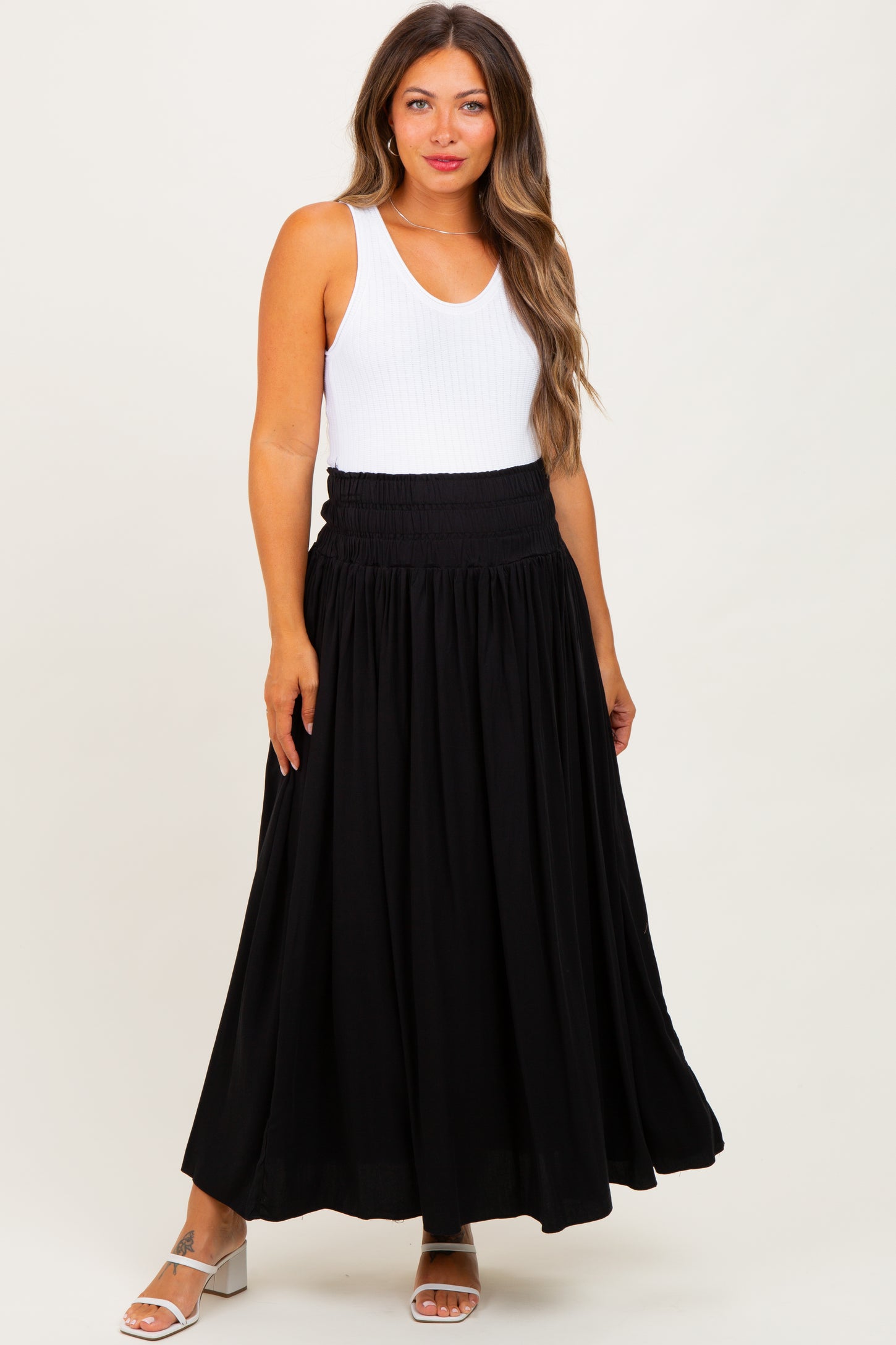 Black Smocked Waistband Pleated Maternity Maxi Skirt