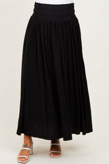 Black Smocked Waistband Pleated Maternity Maxi Skirt