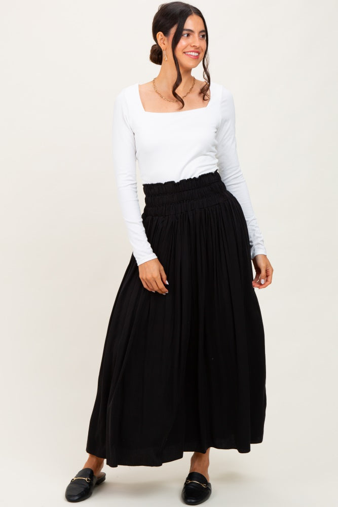 Black Smocked Waistband Pleated Maxi Skirt