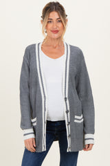 Grey Oversized Contrast Stripe Maternity Button Cardigan